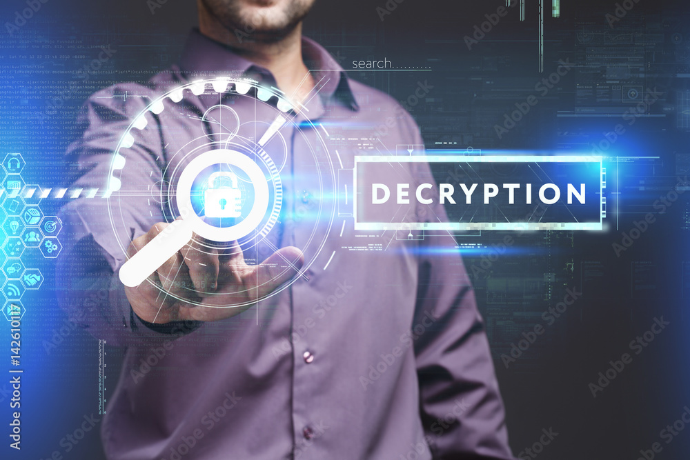 Business, Technology, Internet and network concept. Young businessman working on a virtual screen of the future and sees the inscription: Decryption Business, Technology, Internet and network concept. Young businessman working on a virtual screen of the future and sees the inscription: Decryption