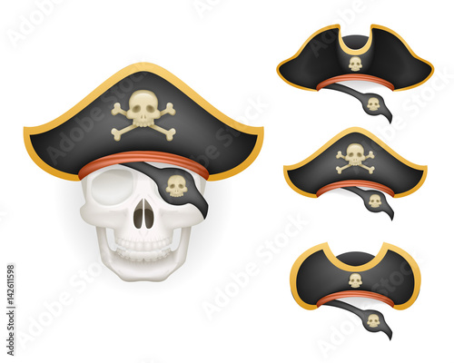 Skull with pirate hats set realistic head isolated template mockup vector illustration
