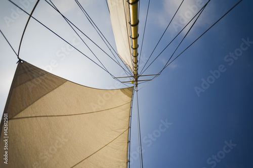 Yellow yacht sails on a blue background.