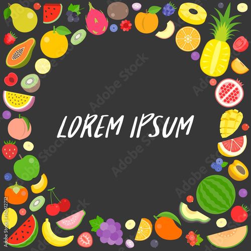 colourful fruits and berry vector arrange in circle frame. design for banner, template and background for backdrop. flat style