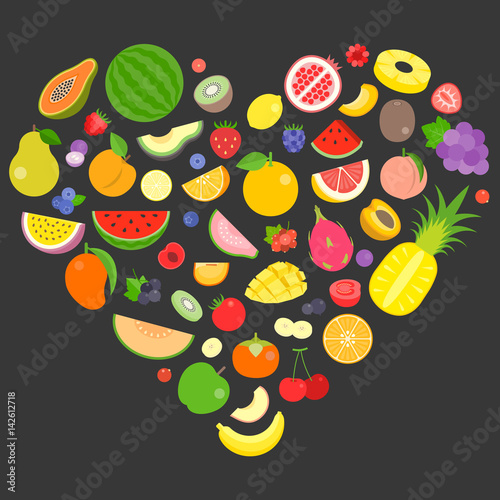 colourful fruits and berry vector arrange in heart shape. design for banner, template and background for backdrop. flat style