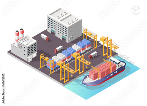 Set of Isolated High Quality Isometric City Elements . Harbor with Shadows on White Background