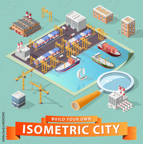 Set of Isolated High Quality Isometric City Elements . Harbor with Shadows on White Background