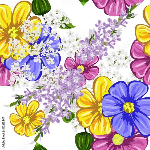 Seamless vector background with cute floral pattern. Design for cloth, wallpaper, gift wrapping. Print for silk, calico and other projects.Colorful flowers on white background. © mrnvb