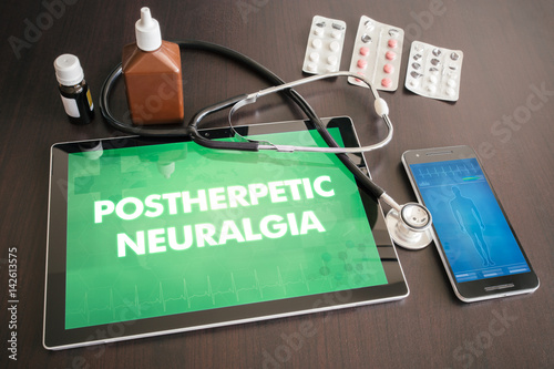 Postherpetic neuralgia (neurological disorder) diagnosis medical concept on tablet screen with stethoscope photo