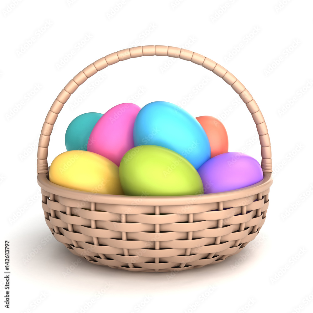 3d render of colorful painted easter eggs in a basket 3d render of colorful painted easter eggs in a basket