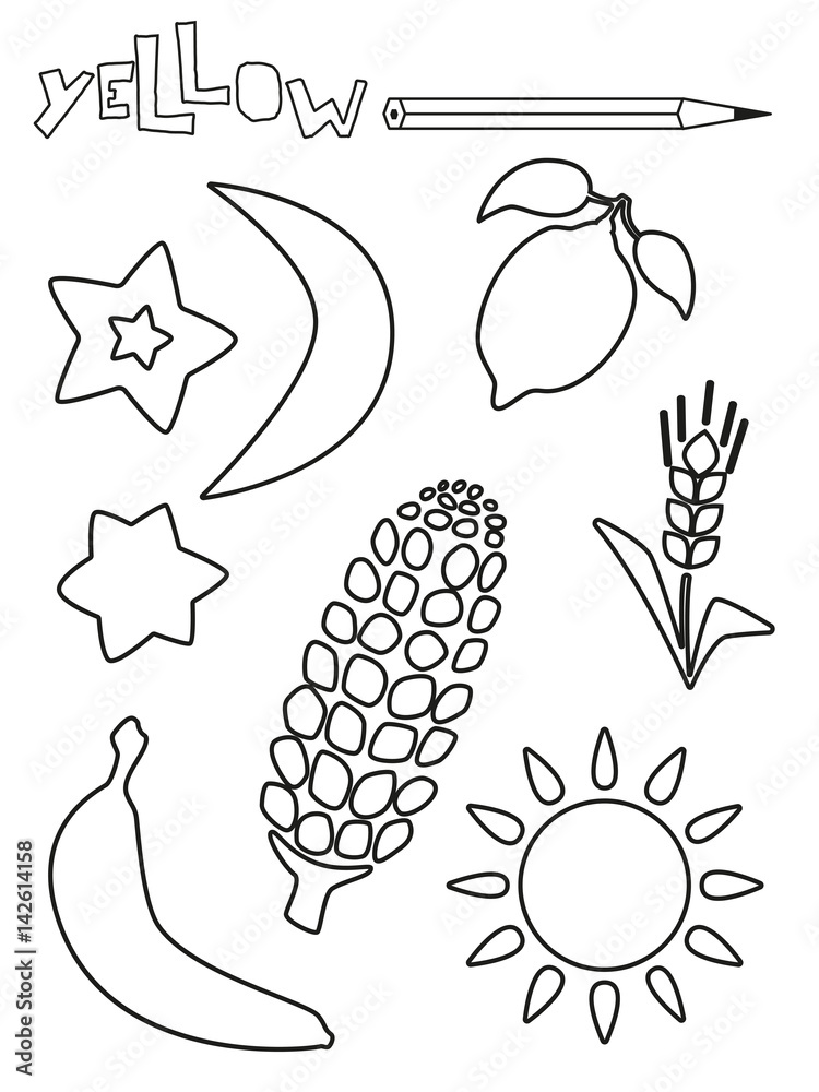 coloring page yellow things set single color worksheets sun star lemon banana corn cookies spike moon vector illustration silhouette isolated for education and activities stock vector adobe stock