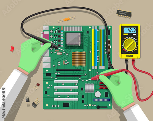 Engineer with multimeter checks motherboard