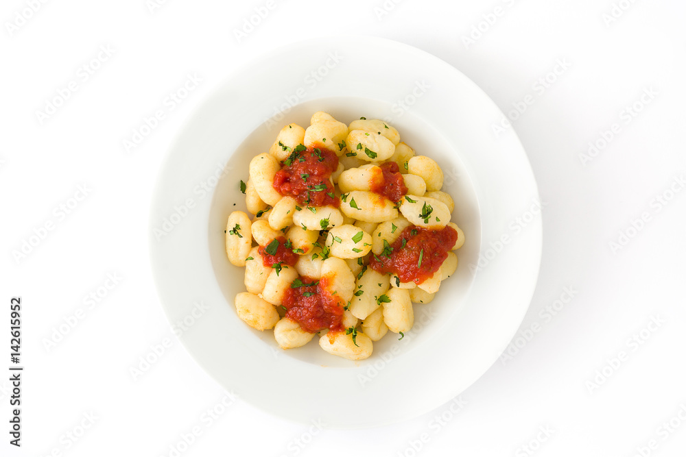 Gnocchi with tomato sauce isolated on white background.Top view
Gnocchi with tomato sauce isolated on white background.Top view