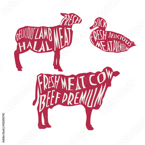 Halal Meat Labels. Lamb, duck, cow silhouettes. 