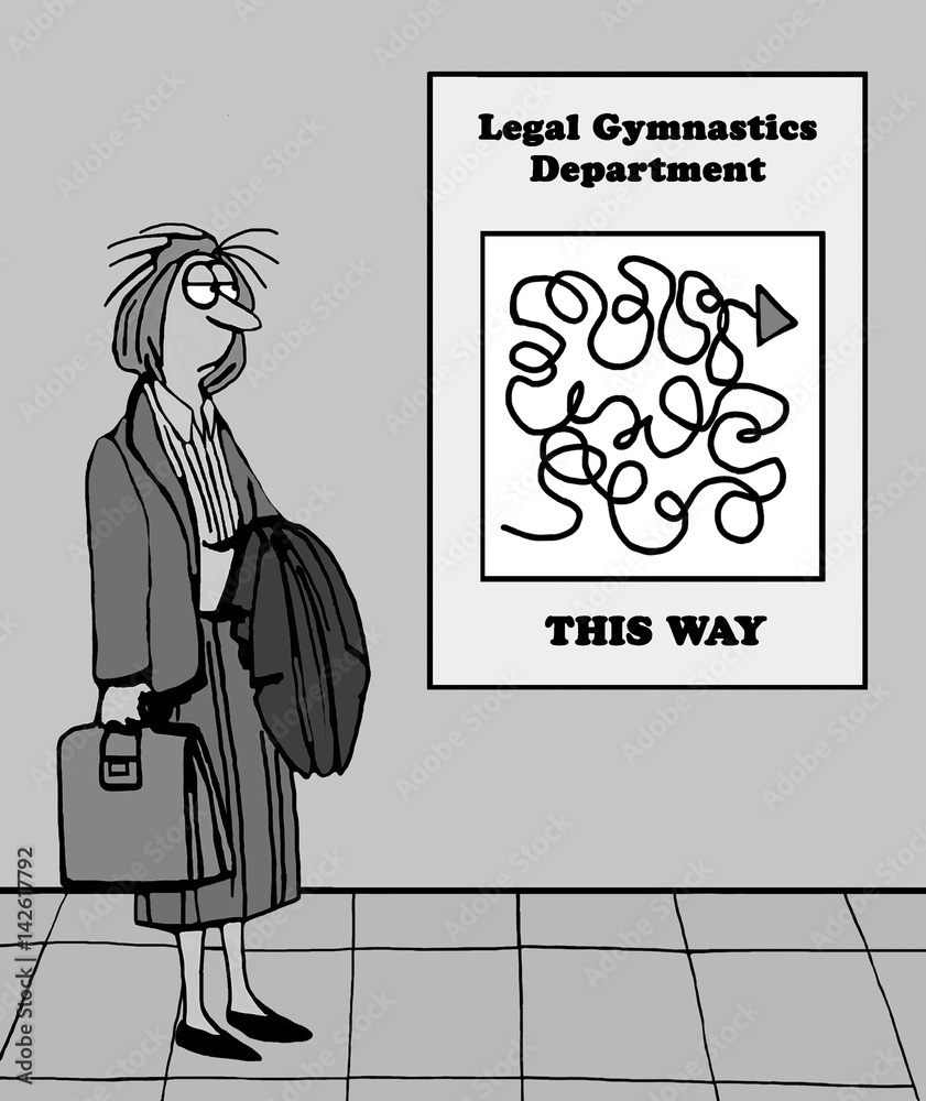 Cartoon illustration of tired female lawyer looking at jumbled directions for 'legal gymnastics department'. Stock Illustration | Adobe Stock Cartoon illustration of tired female lawyer looking at jumbled directions for 'legal gymnastics department'. Stock Illustration | Adobe Stock