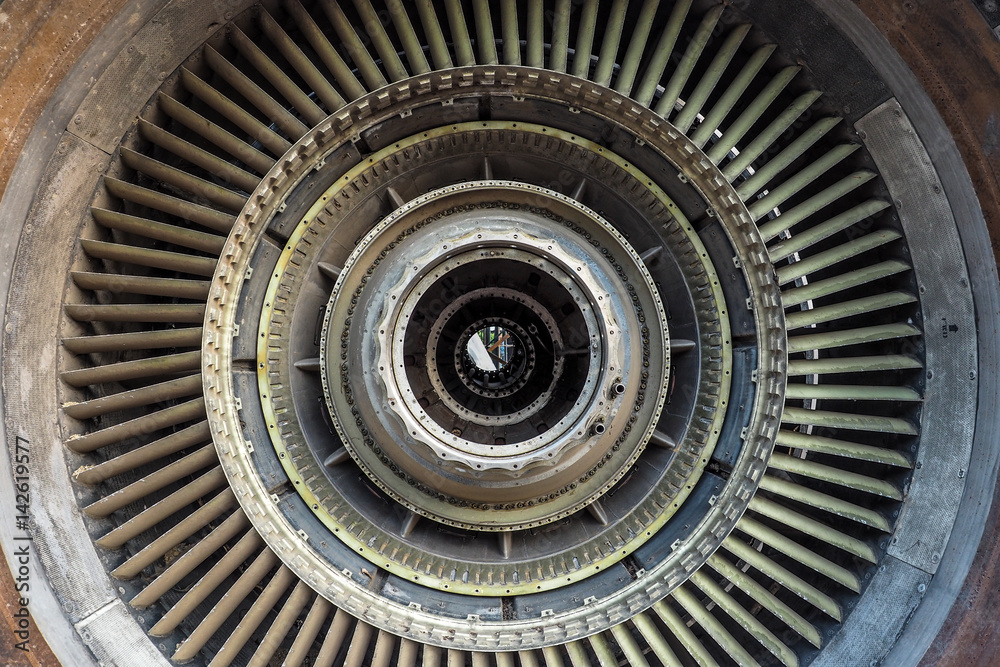Turbine blades of aircraft jet engine - retro vintage filter effect