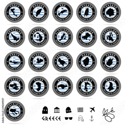 greek island paradise grunge rubber set in black color illustration