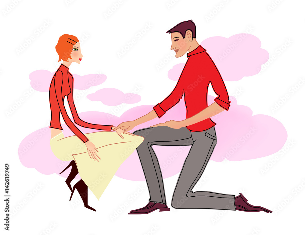 Digital Declaration of Love, A young man in a red sweater, standing on his knee, holds a seated girl by the hand against the background of pink clouds fnd digital wall. On a white background Digital Declaration of Love, A young man in a red sweater, standing on his knee, holds a seated girl by the hand against the background of pink clouds fnd digital wall. On a white background