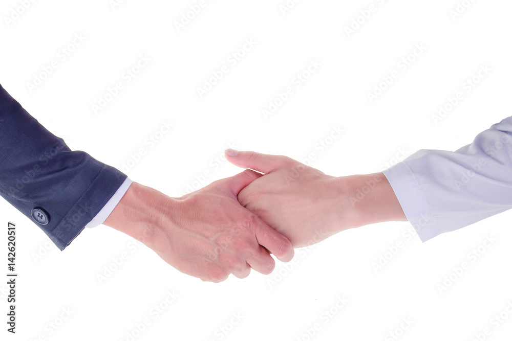 Two hands about to shake hands, over white background