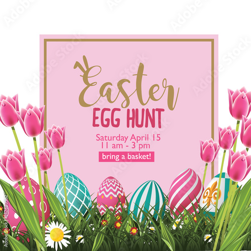 Easter Egg Hunt background with colorful eggs, tulips and daisies. EPS 10 vector.