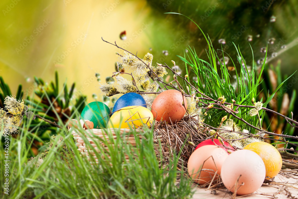 Colorful Easter eggs in a basket Colorful Easter eggs in a basket