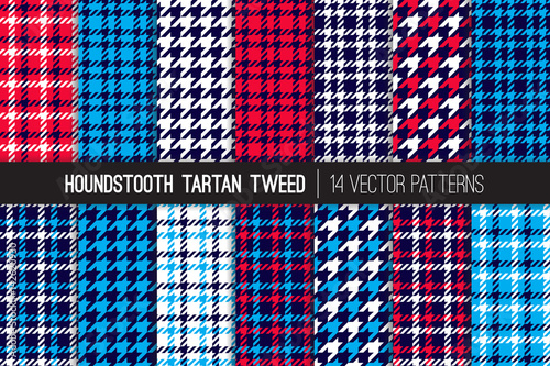 Red, White, Blue and Navy Houndstooth Tartan Tweed Vector Patterns. Patriotic Colors. July 4th Independence Day. Set of Classy Fashion Dogs-tooth Check Fabric Textures. Pattern Tile Swatches Included