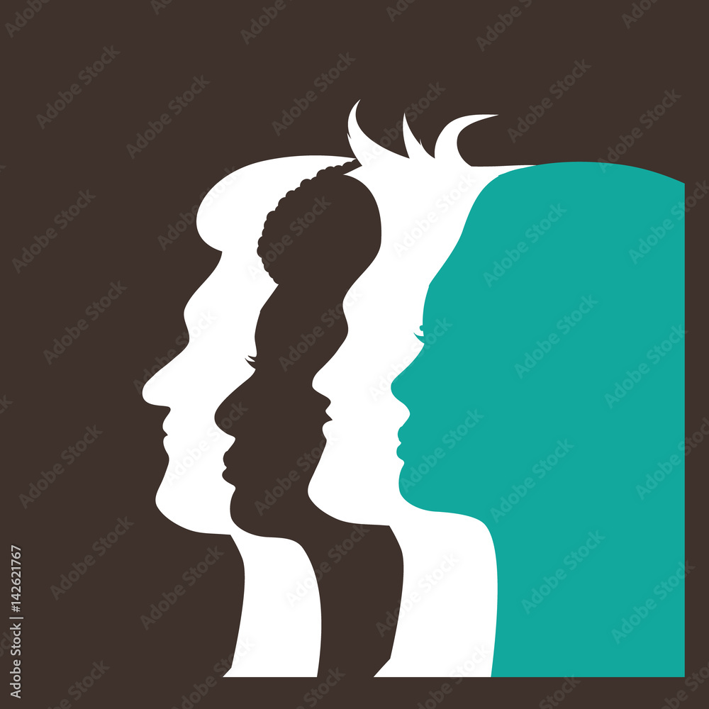 Silhouettes of four multicultural men and women. Profiles of people looking forward in solidarity. EPS 10 vector.