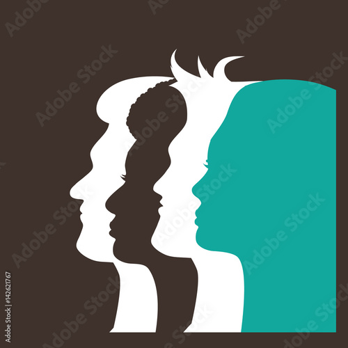Silhouettes of four multicultural men and women. Profiles of people looking forward in solidarity. EPS 10 vector.