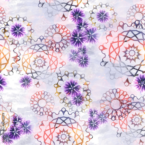 Seamless pattern with flowers and ethnic ornaments. Floral background with watercolor effect. Textile print for bed linen, jacket, package design, fabric and fashion concepts