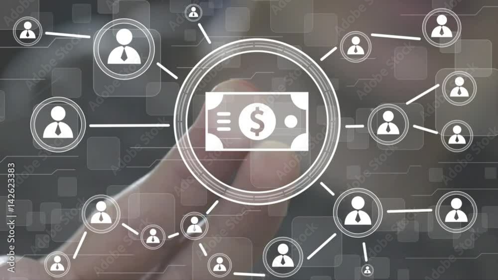 Businessman presses button dollar currency network online Businessman presses button dollar currency network online