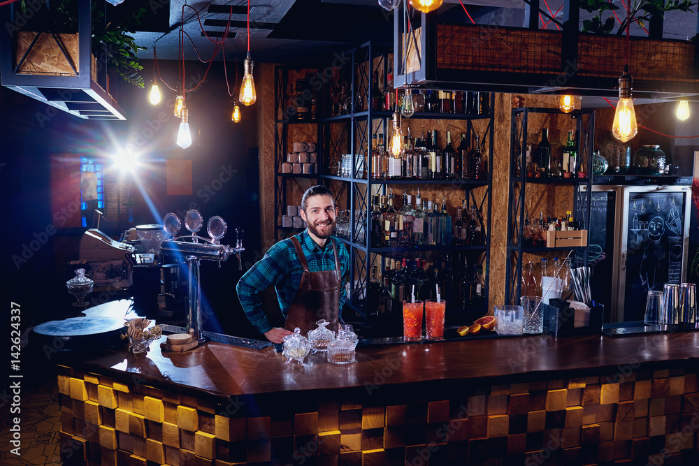 The barista bartender smiles at workplace in bar. The barista bartender smiles at workplace in bar.