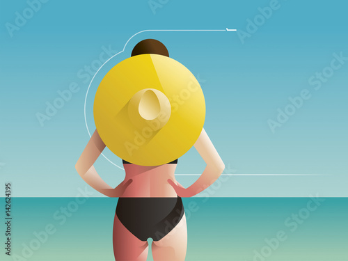 Illustration of woman in bikini with sunhat standing on beach photo