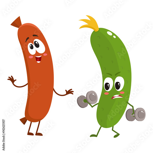 Funny food characters, zuccini versus sausage, healthy lifestyle concept, cartoon vector illustration isolated on white background. Zuccini doing fitness and laughing sausage characters, mascots