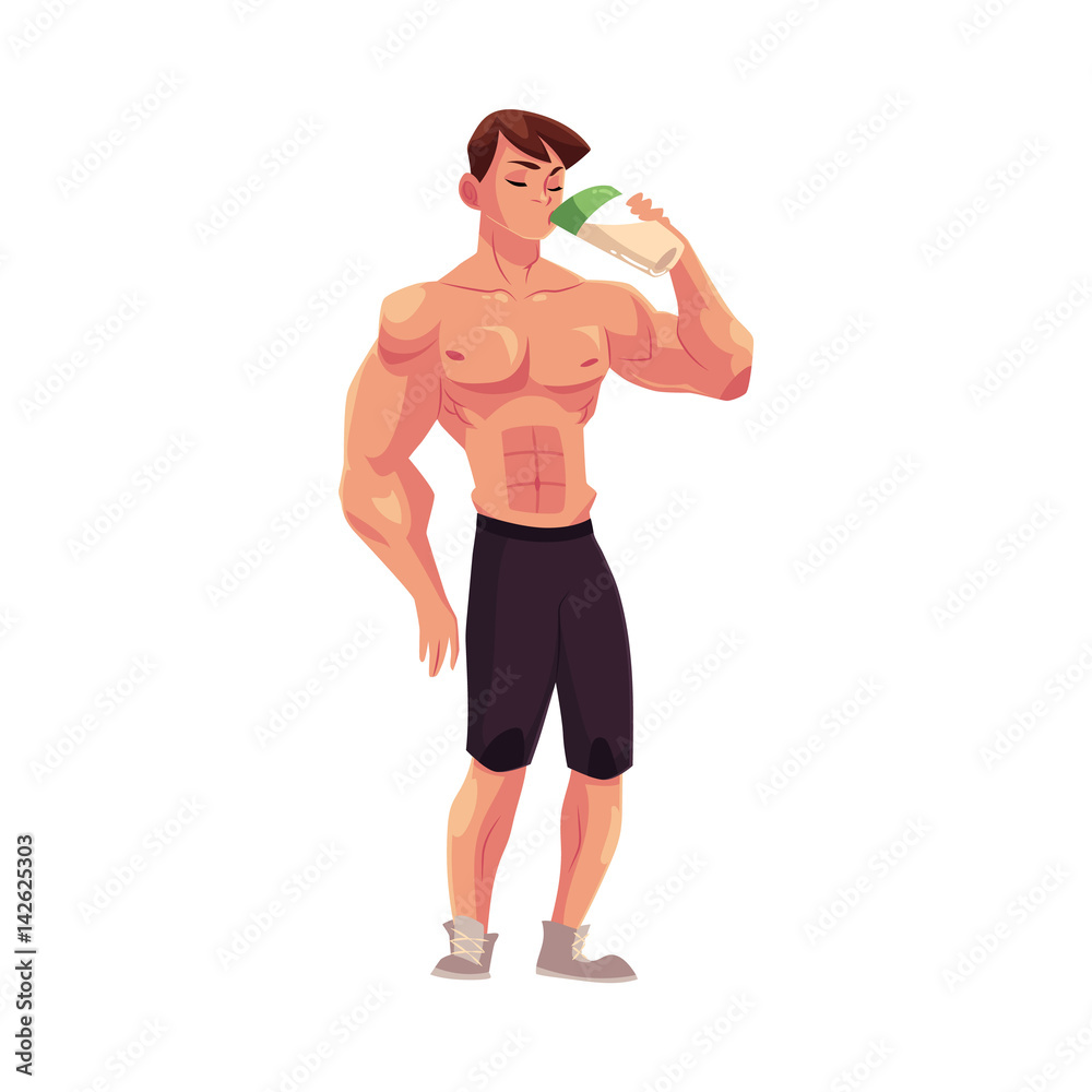 Man bodybuilder, weightlifter drinking protein shake after training, cartoon vector illustration isolated on white background. Full length portrait of man bodybuilder drinking protein shake Man bodybuilder, weightlifter drinking protein shake after training, cartoon vector illustration isolated on white background. Full length portrait of man bodybuilder drinking protein shake