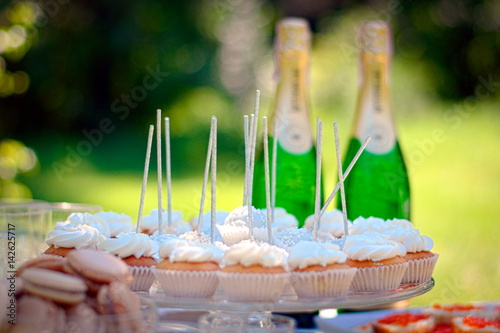 A buffet table outdoors. On the table of canapés, sandwiches, champagne and glasses