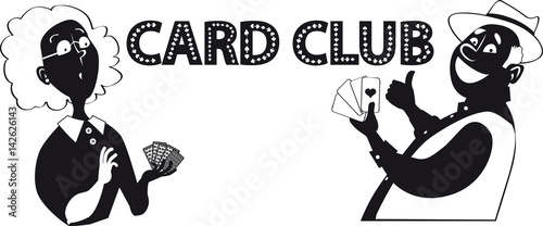 Vector silhouette of two mature people playing cards and text Card Club, EPS 8, no white objects, black only