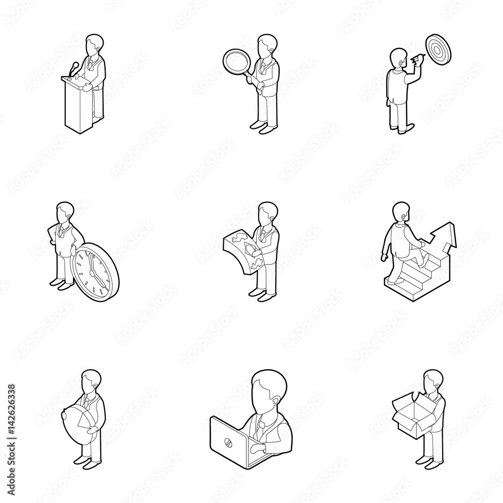 Time management icons set, outline style Time management icons set, outline style