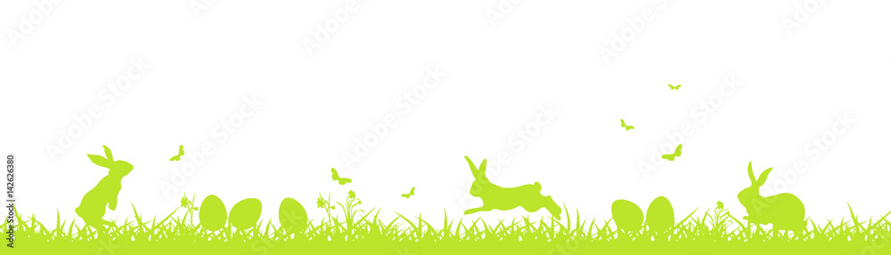 Easter banner with green easter eggs, hares, flowers, butterflies and grass  on white  background - obrazy, fototapety, plakaty 