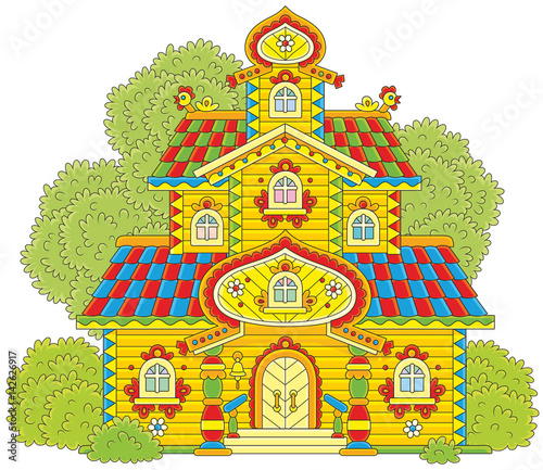 Old colorfully decorated wooden tower from fairy tale