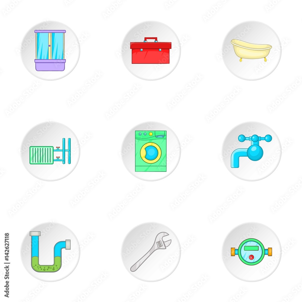 Plumbing icons set, cartoon style