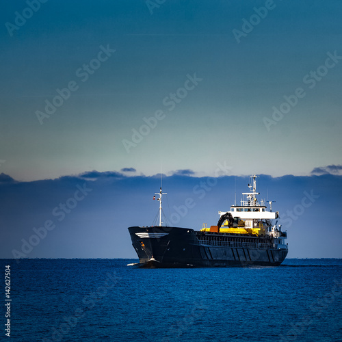 Black cargo ship with long reach excavator moving by baltic sea