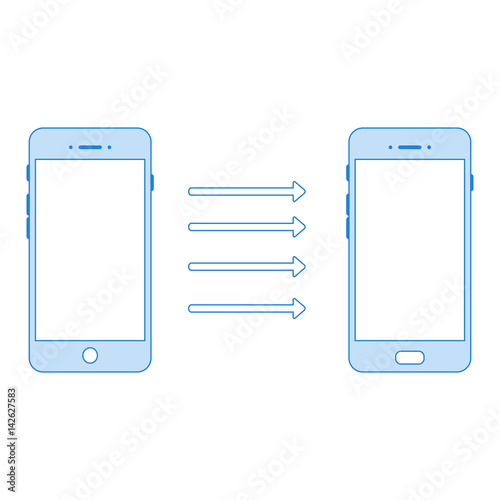 Linear concept of two phones exchanging information in linear style for your presentation. Vector illustration.