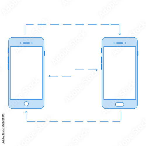 Linear concept of two phones exchanging information in linear style for your presentation. Vector illustration.