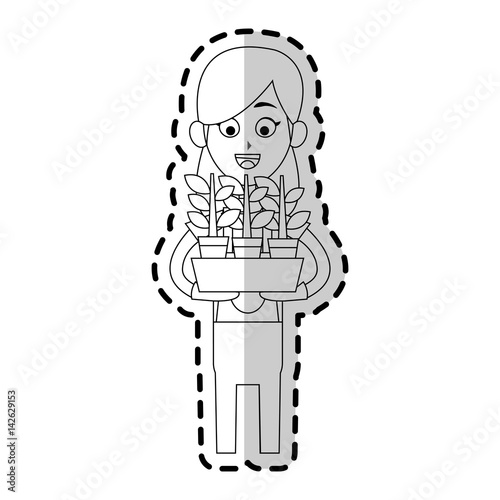 happy female farmer holding plant icon image vector illustration design 