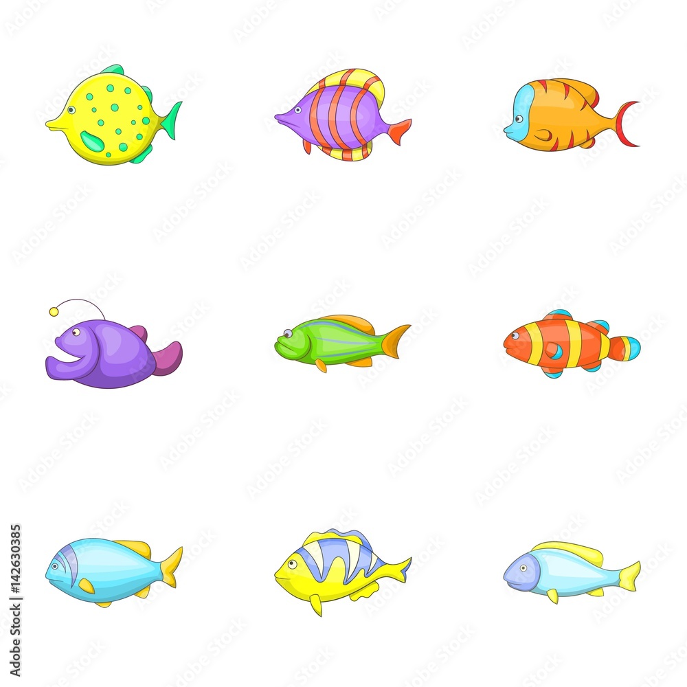 Tropical fish icons set, cartoon style