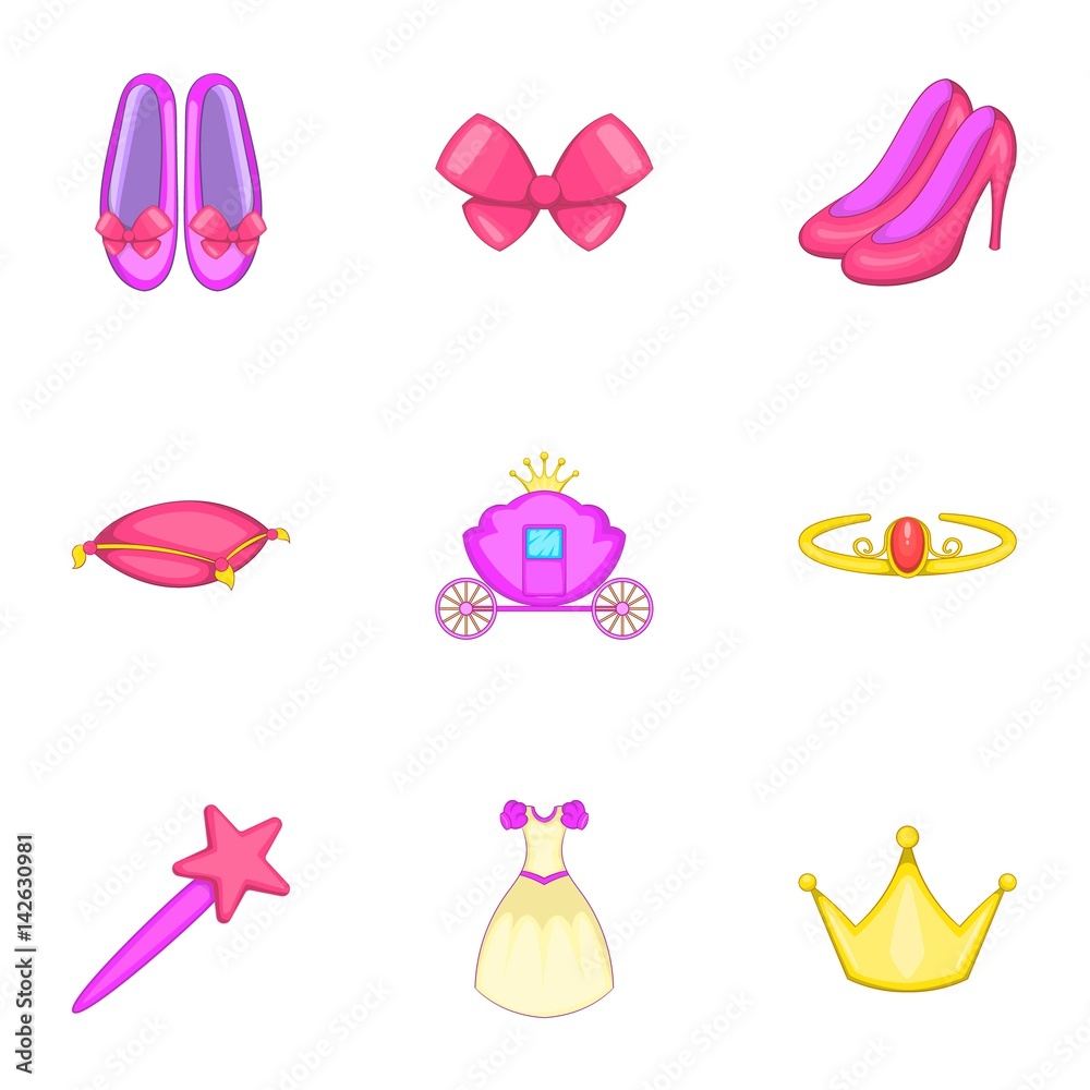Princess elements icons set, cartoon style Princess elements icons set, cartoon style