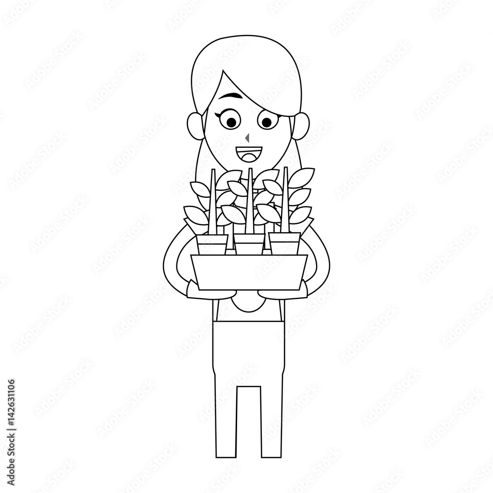 happy female farmer holding plant icon image vector illustration design 