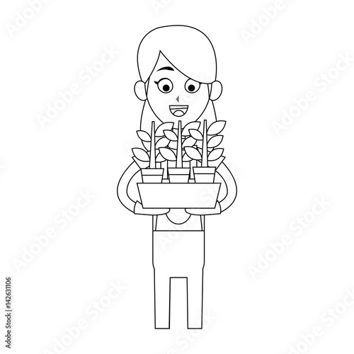 happy female farmer holding plant icon image vector illustration design 