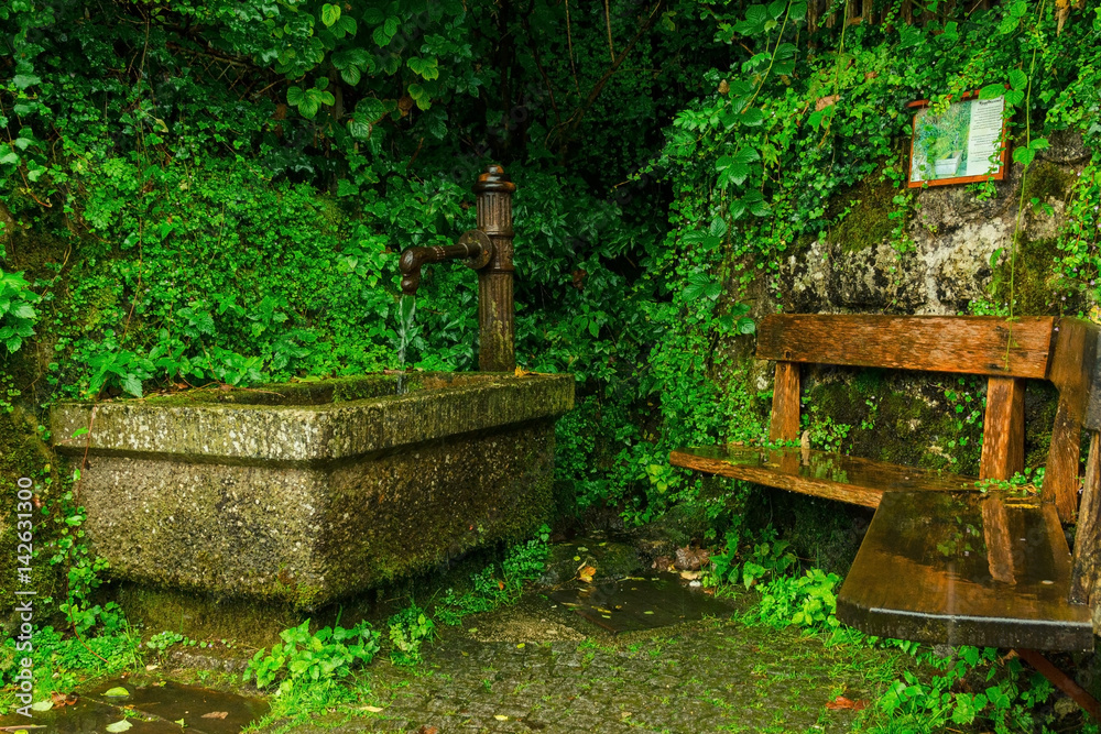 Hand pump with foutain and bench in the rain Hand pump with foutain and bench in the rain