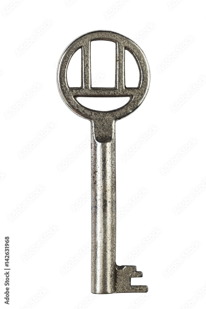 Old metallic key isolated on white background