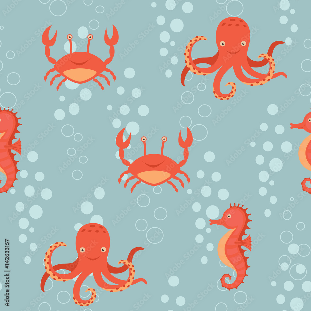Obraz premium Fabulous nautical pattern with a fun orange sea horse, crab, octopus.