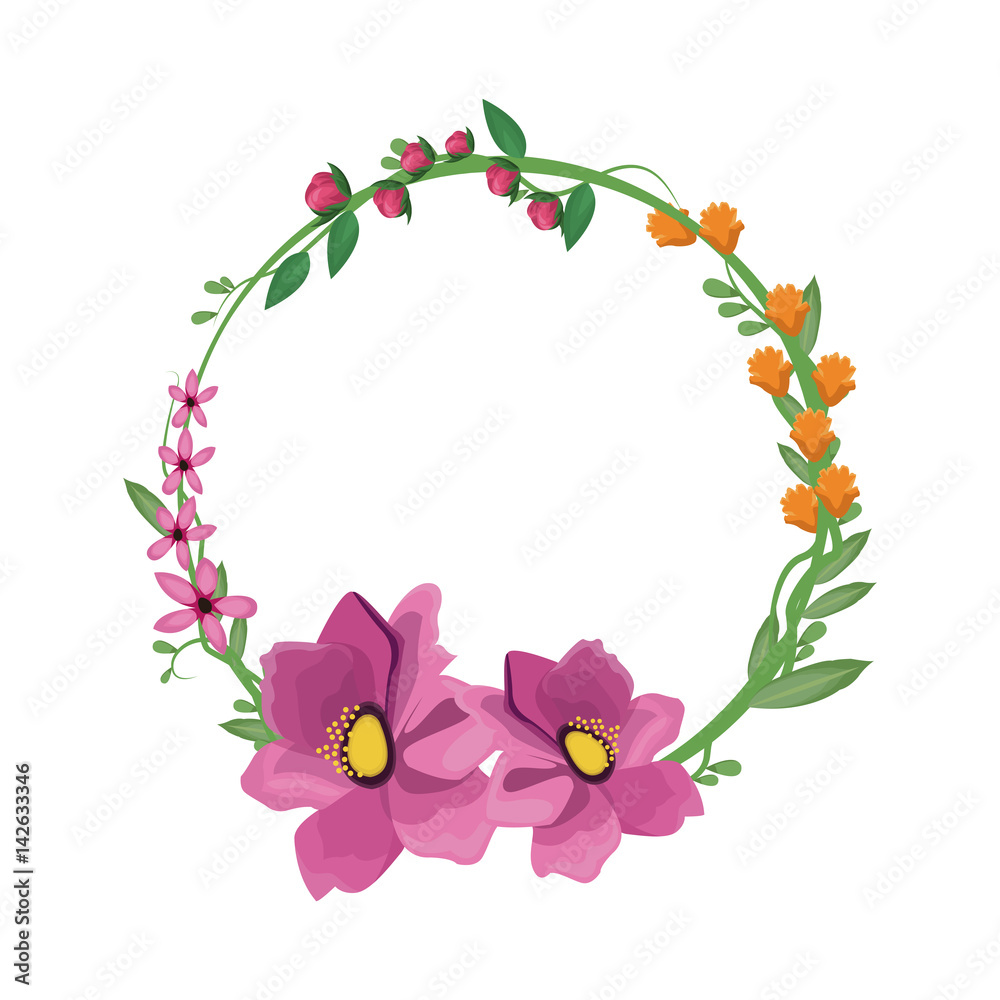 decorative wreath of beautiful flowers icon over white background. colorful design. vector illustration