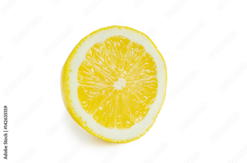 Slice of fresh lemon isolated on white background