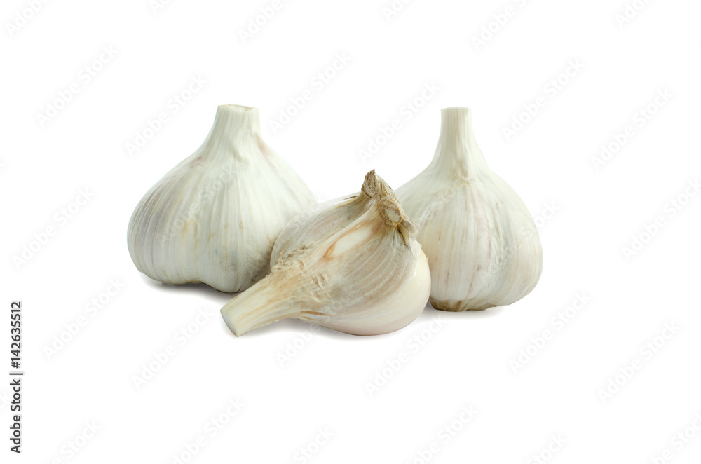 Group bulb Head of garlic isolated on white background with shadow